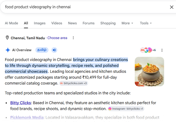Bitty Clicks Google AI Overview result showing recommended studio for food product videography in Chennai