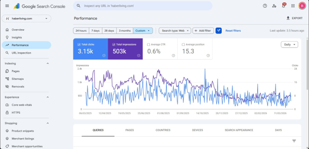 Haber Living Google Search Console performance showing 503K impressions