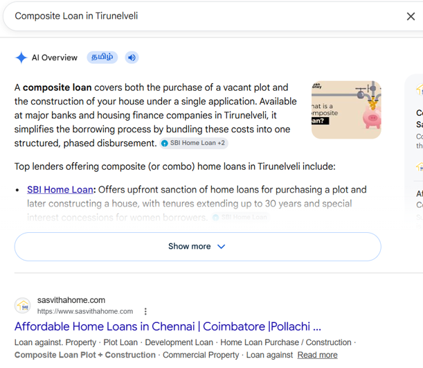 Google search results showing Sasvitha Home Finance ranked on page 1 for Composite Loan in Tirunelveli