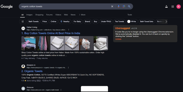 Haber Living search result proof showing ranking position #1 for organic cotton towels