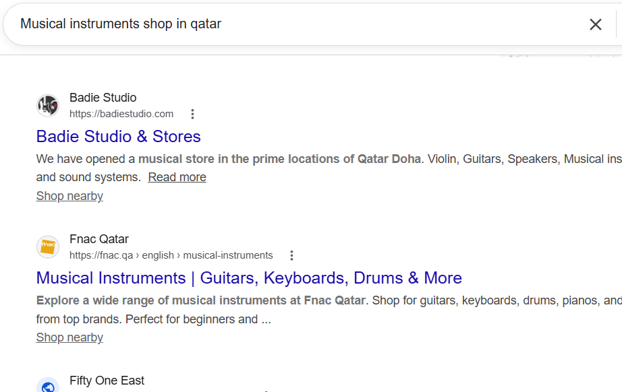 Google search results showing Badie Studio ranked number 1 for Musical instruments shop in Qatar