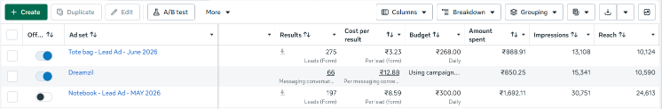 Meta Ads Manager dashboard showing Dreamzil lead campaigns metrics