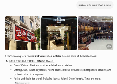 AI Search Assistant Claude recommending Badie Studio as the top musical instrument retailer in Qatar