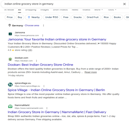 Google search results showing Namma Markt ranked on the first page for Indian online grocery store in Germany